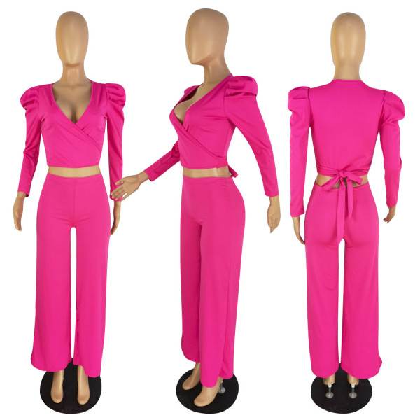 Women's Autumn and Winter Fashion Solid Color Puff Sleeve Front Hollow Tie Two-piece Set