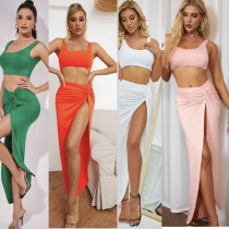 Sling tube top mid-length solid color high slit two-piece women's suit Sling tube top mid-length solid color high slit two-piece women's suit