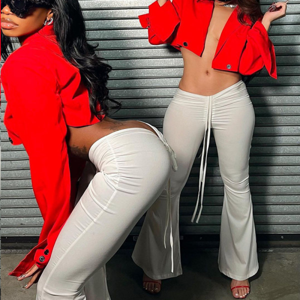 Front and back drawstring low waist sexy wide leg flared pants women