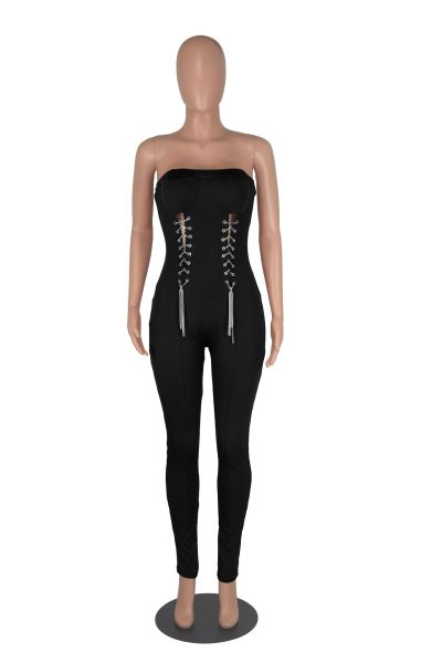 Women's Fashion Sexy Tube Top Waist Eyelet Metal Chain Waist Jumpsuit