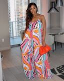 Trendy Stripe Print Wide Leg Sling Jumpsuit