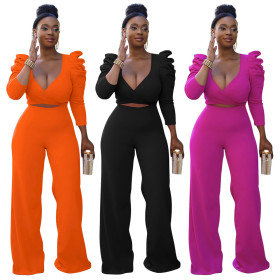 Women's Autumn and Winter Fashion Solid Color Puff Sleeve Front Hollow Tie Two-piece Set