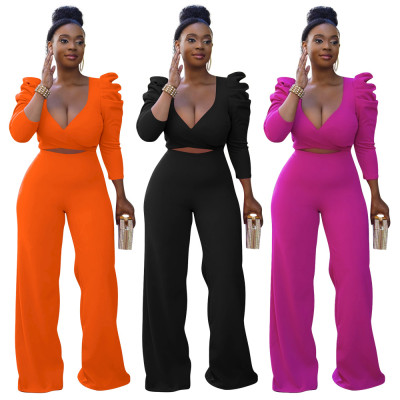 Women's Autumn and Winter Fashion Solid Color Puff Sleeve Front Hollow Tie Two-piece Set