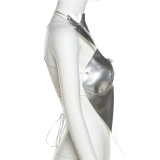 Women's Faux Leather Slim Fit Cutout Halter Strap Cropped Tank Top