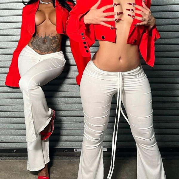 Front and back drawstring low waist sexy wide leg flared pants women