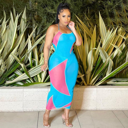 Mesh Sheer Contrast Slip Dress