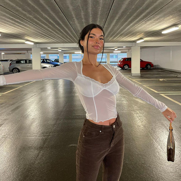 Sexy Mesh Fungus Trimmed Lace Sheer Long Sleeve Top