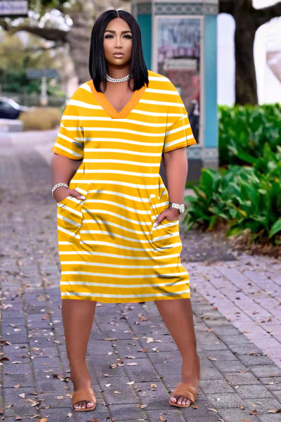 Ladies Fashion Sexy Loose Striped Print V-Neck Casual Dress With Pockets