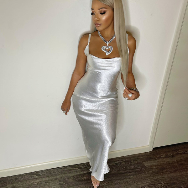 dress feminine satin suspender maxi dress
