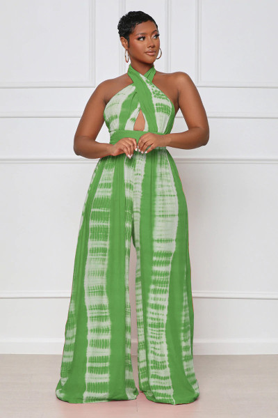 High Waist Zip Casual Slim Fit Sleeveless Sling Print Jumpsuit