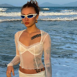 Sexy Mesh Fungus Trimmed Lace Sheer Long Sleeve Top