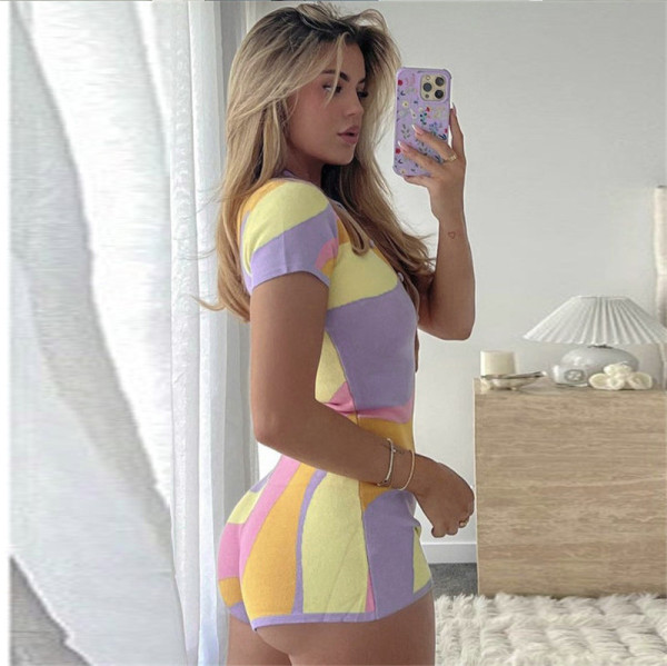 Fashionable Lapel Breasted Summer Wool Colorblock Casual Jumpsuit