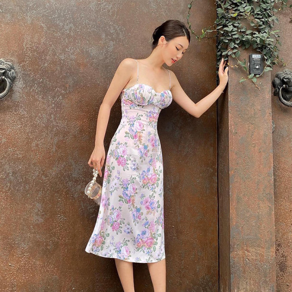 Printed suspender dress fresh and sweet suspender skirt