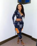 Women's Print Sexy Big Pocket English Letters Black Blue Two Piece Set