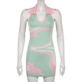 Lapel Knitted Ripple Panel Sleeveless Dress