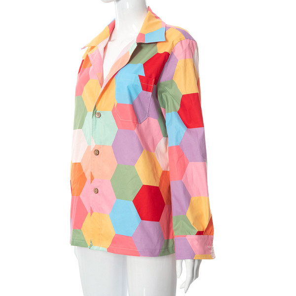 Women's Design Shirt Print Contrast Top Long Sleeve