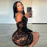 Women's Lace Hollow Out Waist Perspective Drawstring Long Sleeve Sexy Dress