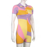 Fashionable Lapel Breasted Summer Wool Colorblock Casual Jumpsuit