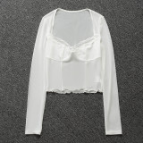 Sexy Mesh Fungus Trimmed Lace Sheer Long Sleeve Top