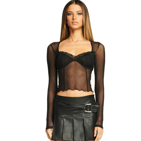 Sexy Mesh Fungus Trimmed Lace Sheer Long Sleeve Top