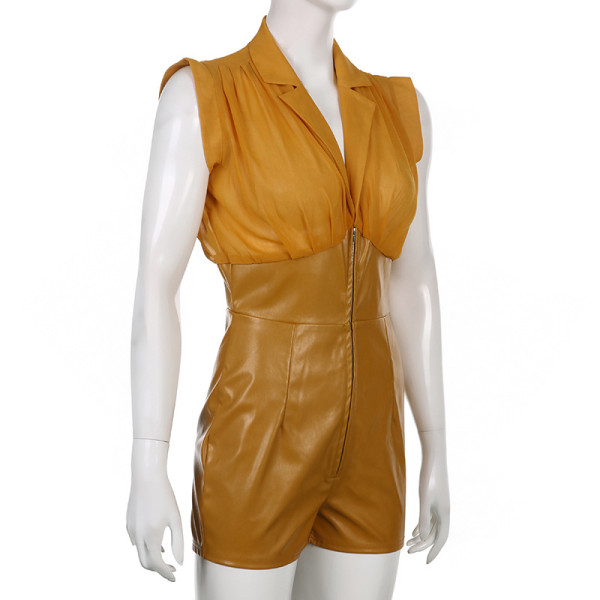 Sexy PU leather stitching plastic waist lapel shirt jumpsuit women's shorts