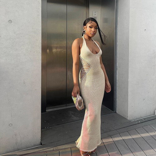 Cutout Personality U Neck Tie Long Dress