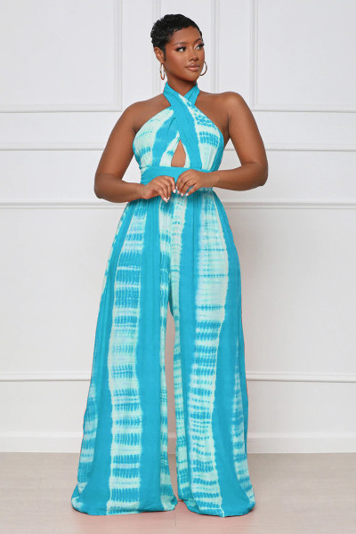 High Waist Zip Casual Slim Fit Sleeveless Sling Print Jumpsuit
