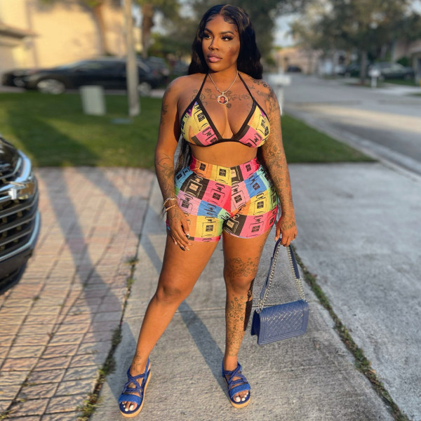 Locator Print Bra Shorts Set Two Piece Set