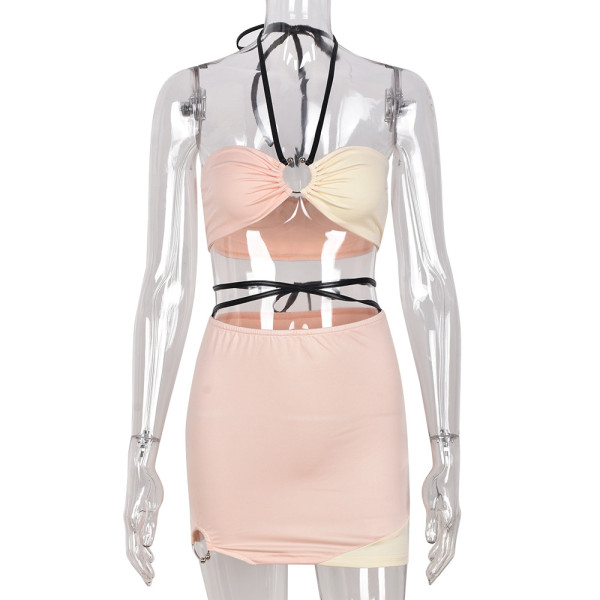 Two-piece sexy color matching skirt with strap wrap chest skirt