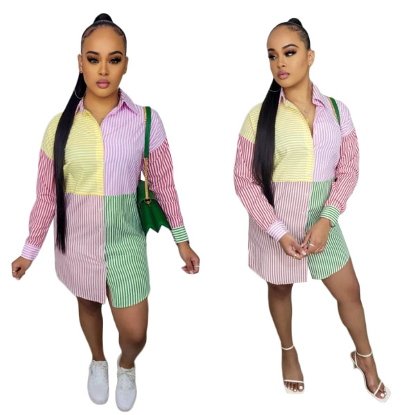 Striped Panel Casual Slim Fit Print Shirt Dress
