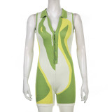 Lapel Breasted Fashion Color Block Splicing Sleeveless Jumpsuit Shorts Women
