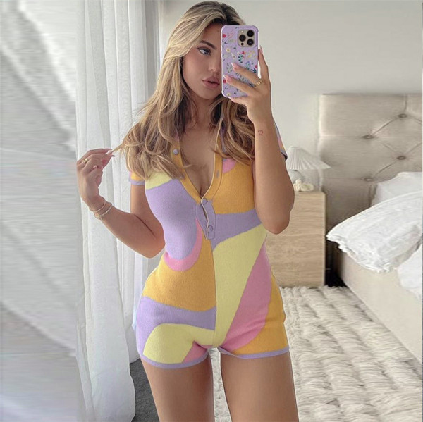 Fashionable Lapel Breasted Summer Wool Colorblock Casual Jumpsuit