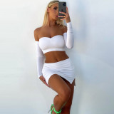 Chest Wrap Tie Long Sleeve Two Piece Sexy Skirt