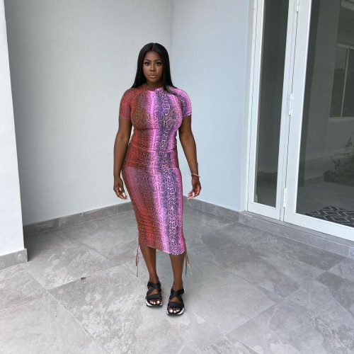 Sexy Print Gradient Drawstring Long Dress Temperament Sexy Dress