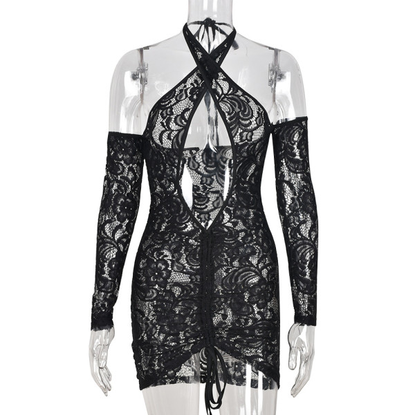Women's Lace Hollow Out Waist Perspective Drawstring Long Sleeve Sexy Dress