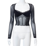 Sexy Mesh Fungus Trimmed Lace Sheer Long Sleeve Top
