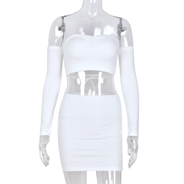Chest Wrap Tie Long Sleeve Two Piece Sexy Skirt