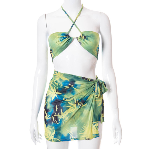 Printed wrap chest halter vest miniskirt three-piece set