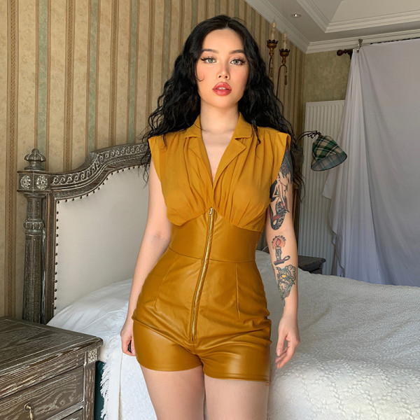 Sexy PU leather stitching plastic waist lapel shirt jumpsuit women's shorts