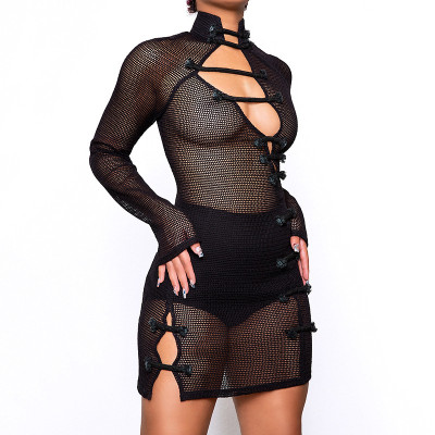 Mesh Beach Modified Cheongsam Hollow Out Sexy Dress