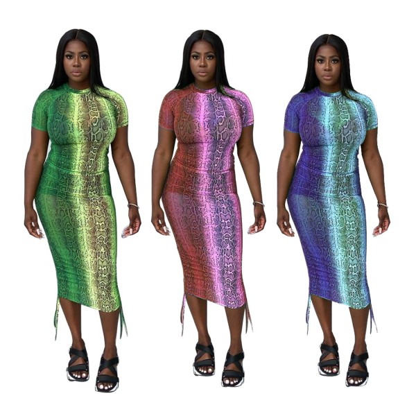 Sexy Print Gradient Drawstring Long Dress Temperament Sexy Dress