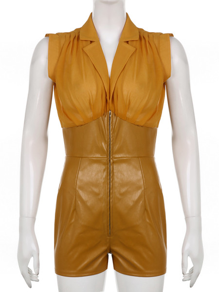 Sexy PU leather stitching plastic waist lapel shirt jumpsuit women's shorts