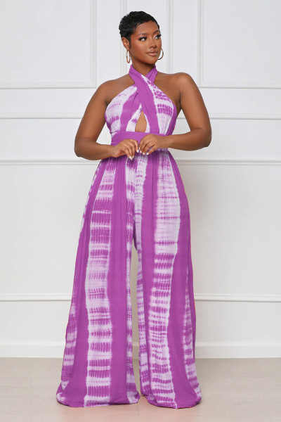 High Waist Zip Casual Slim Fit Sleeveless Sling Print Jumpsuit