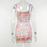 Low-cut printed dress sexy bust floral suspender dress