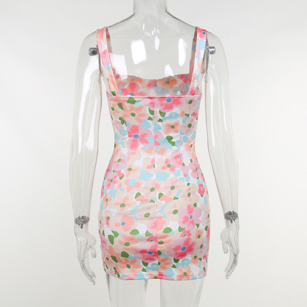Low-cut printed dress sexy bust floral suspender dress