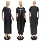 Plus Size Women Fashion Solid Color Offset Lettering Pocket Short Sleeve Dress A5255