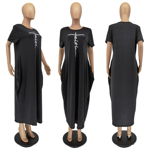 Plus Size Women Fashion Solid Color Offset Lettering Pocket Short Sleeve Dress A5255