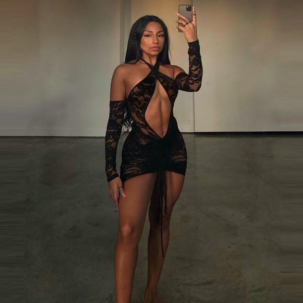 Women's Lace Hollow Out Waist Perspective Drawstring Long Sleeve Sexy Dress