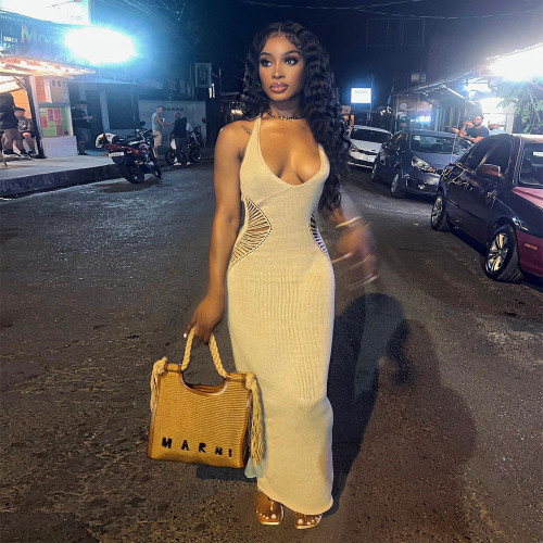 Cutout Personality U Neck Tie Long Dress