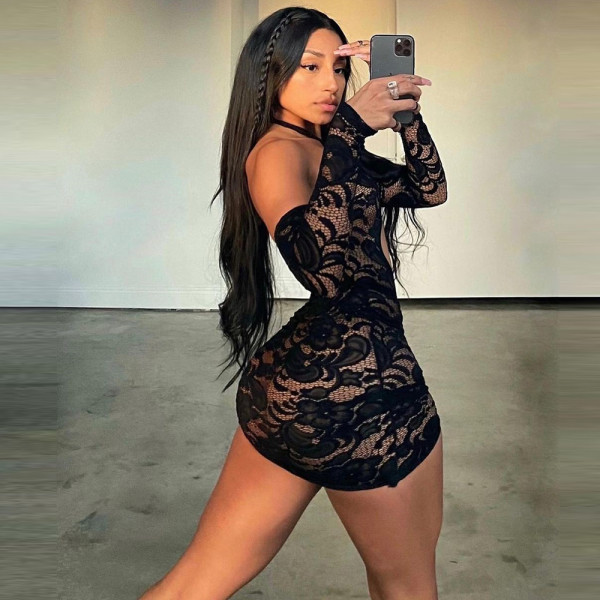 Women's Lace Hollow Out Waist Perspective Drawstring Long Sleeve Sexy Dress